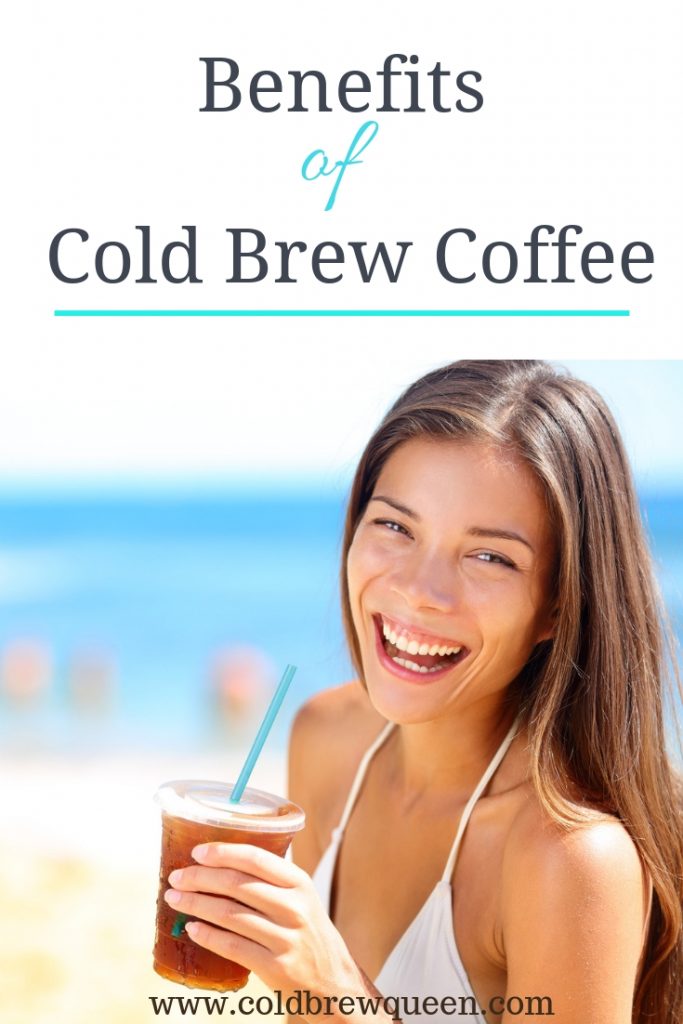 Women holding iced coffee on the beach with text benefits of cold brew coffee