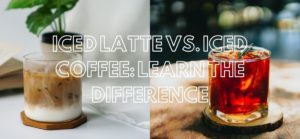 split image with a iced latte with coffee and milk on the left, and a glass of iced coffee on the right with a sprig of rosemary in it. text overlay: iced latte vs. iced coffee-learn the difference