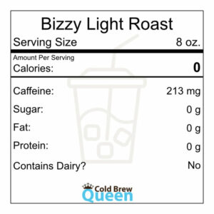 Bizzy cold brew coffee nutrition label.
