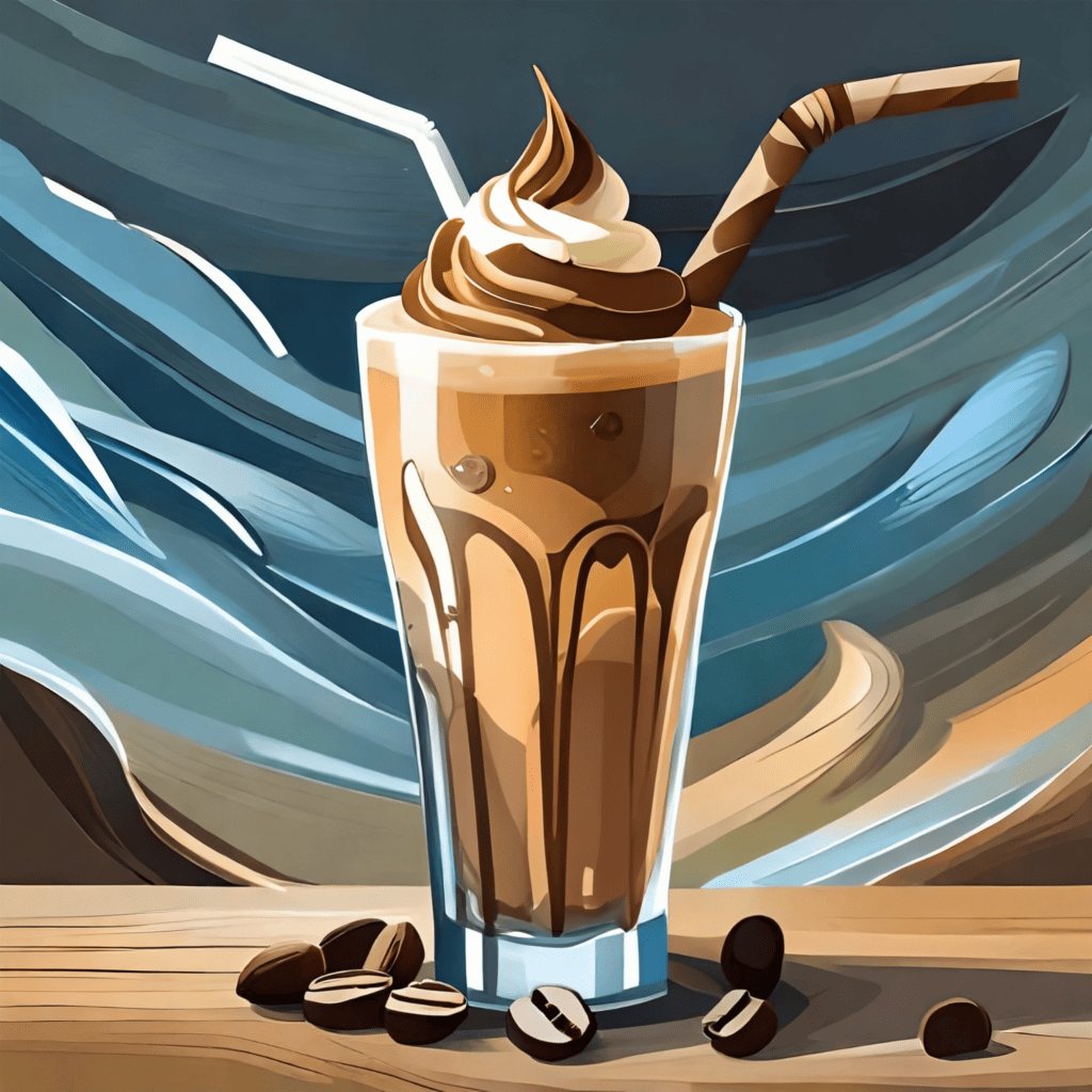 A painting of an iced coffee with whipped cream and coffee beans.