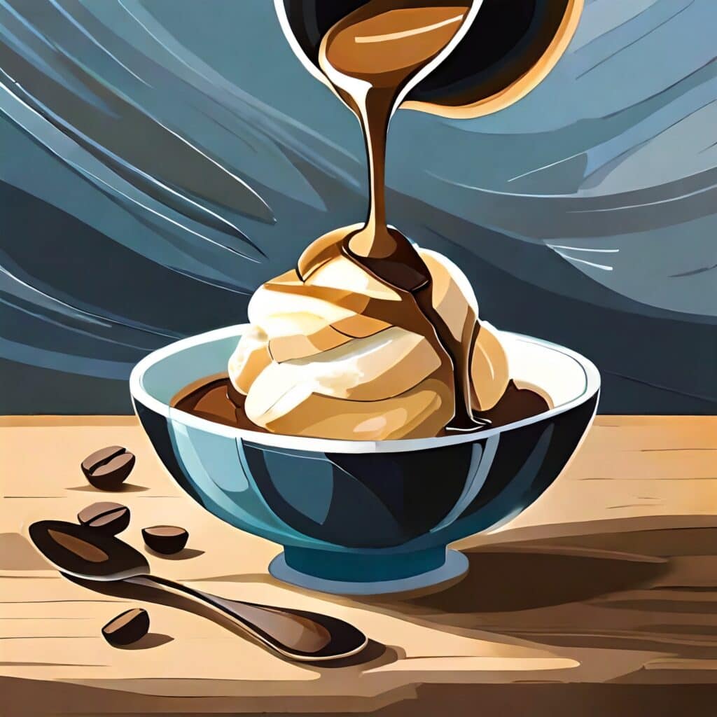 A painting of a bowl of coffee and ice cream.