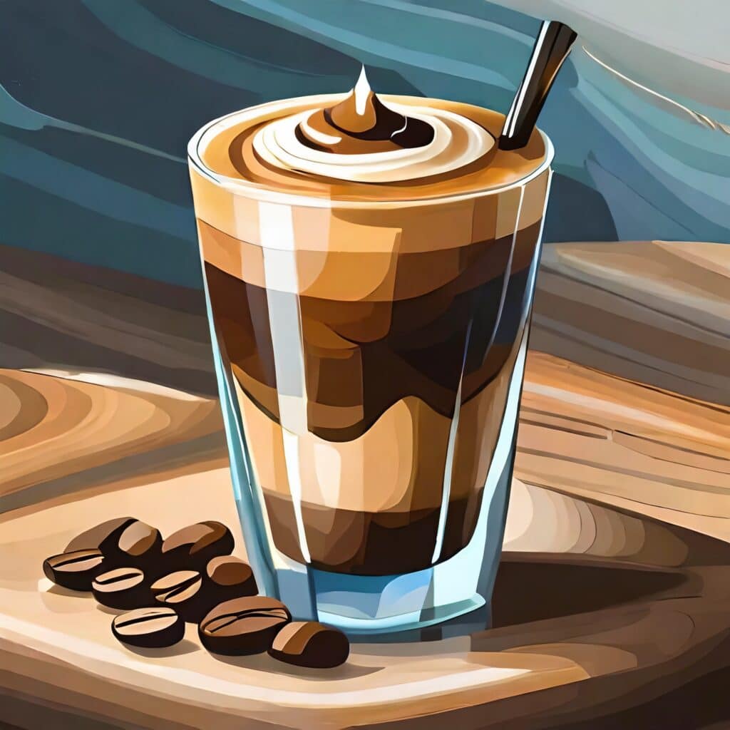 A painting of a coffee drink on a wooden table.