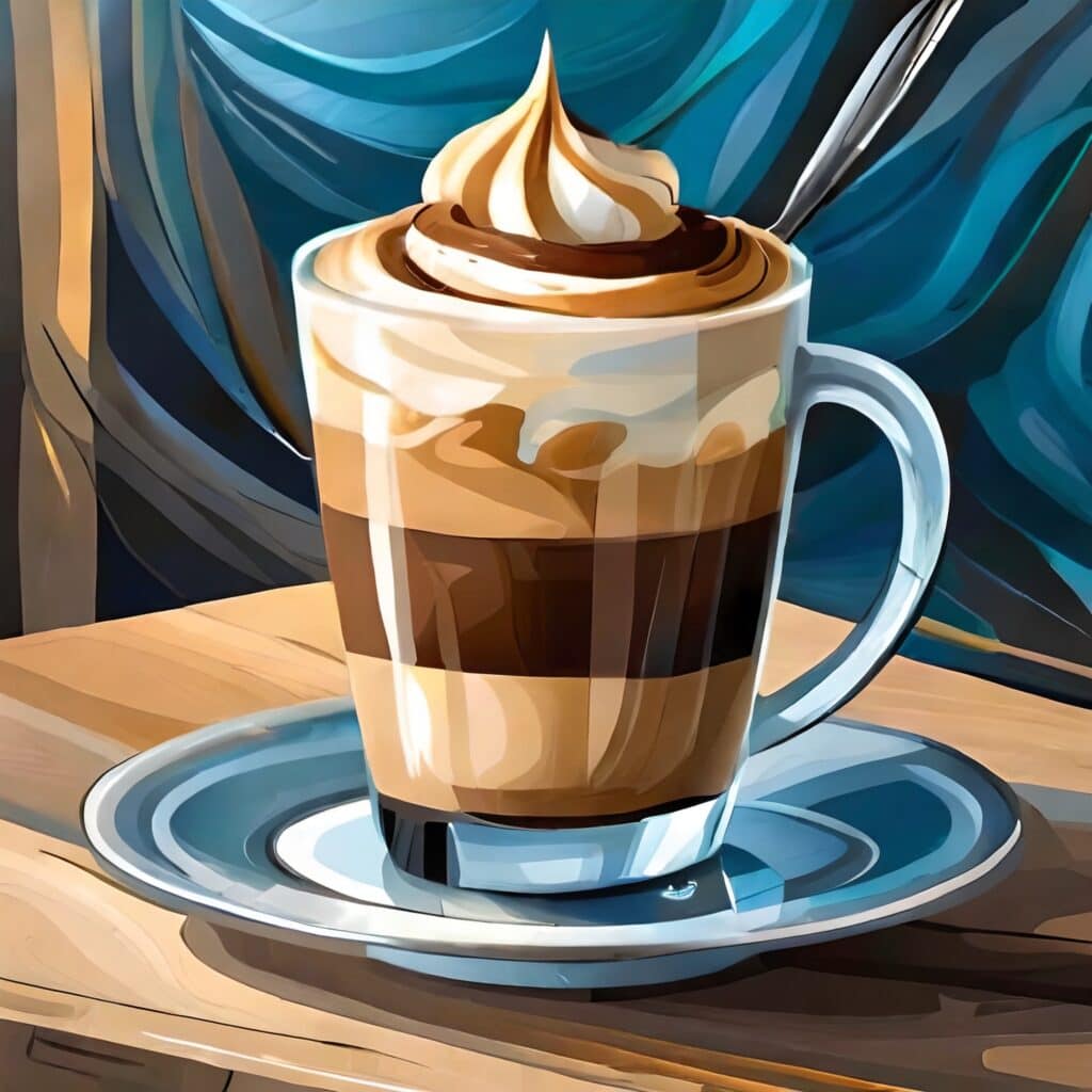 A painting of a cup of coffee with whipped cream.