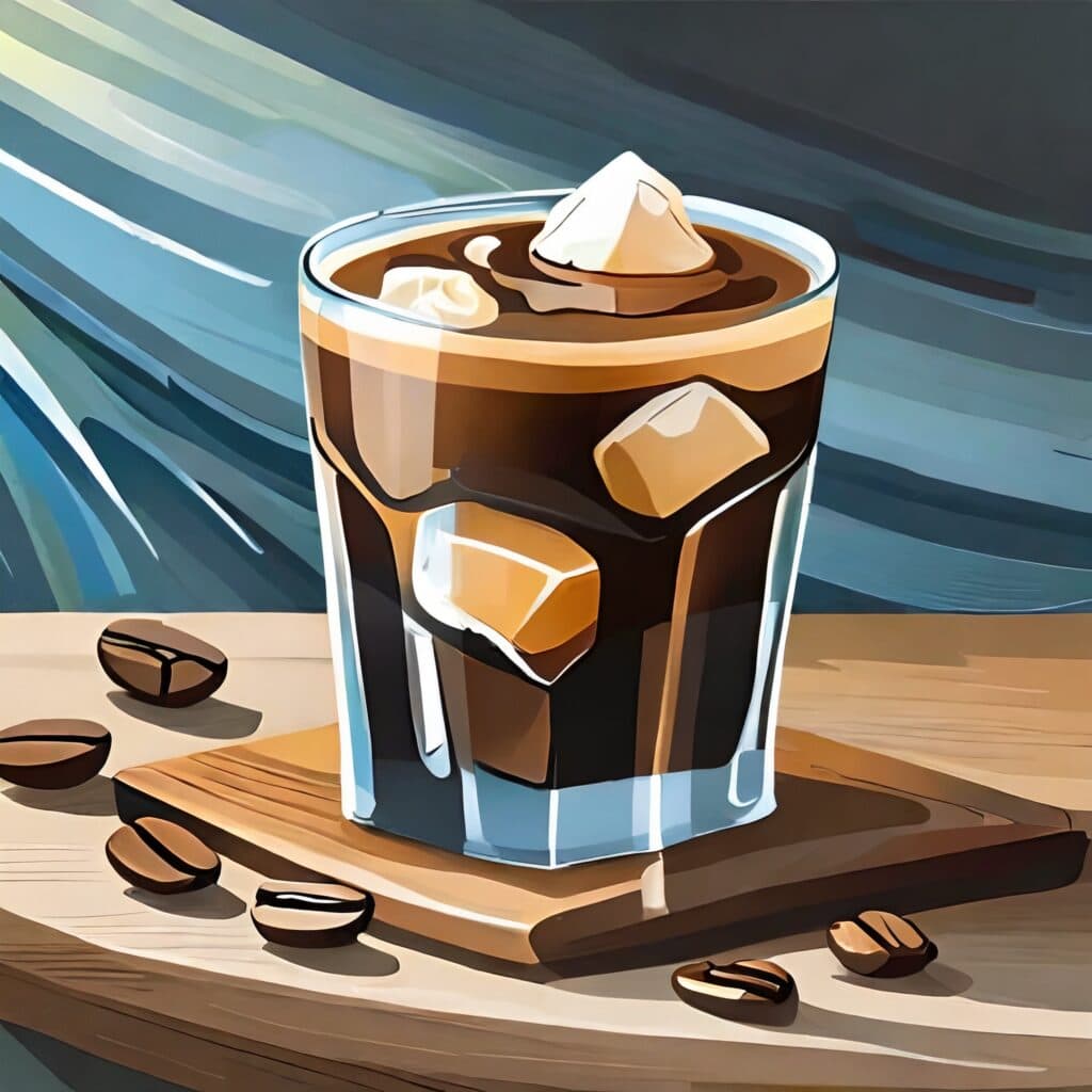 An illustration of acup of coffee with ice cubes and coffee beans. Teal and beige background.