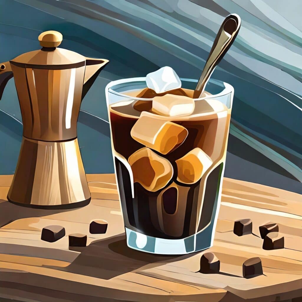 A cup of coffee with ice cubes on a wooden table.