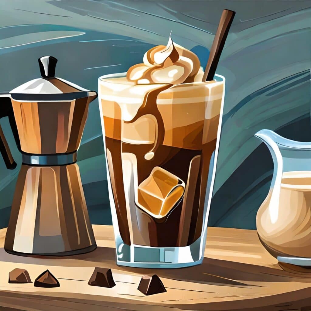 A painting of a coffee drink on a wooden table.