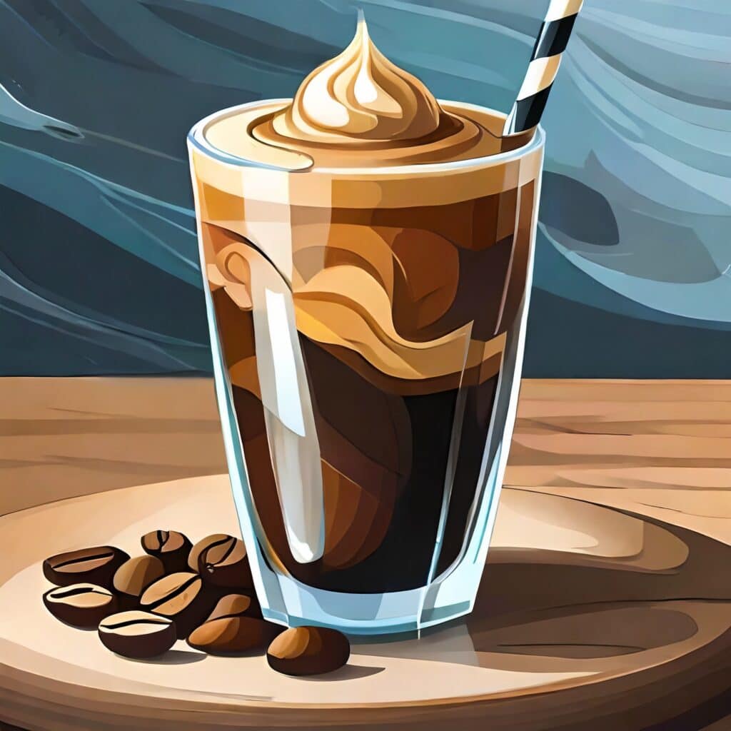 An iced coffee with whipped cream and coffee beans on a wooden table.