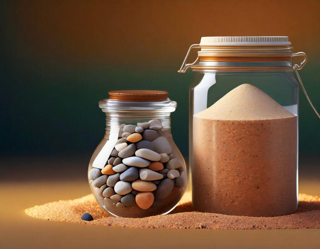 A glass jar filled with sand, pebbles, and cold brew coffee ratio.
