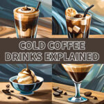 decorative illustrations of 4 different coffee drinks
