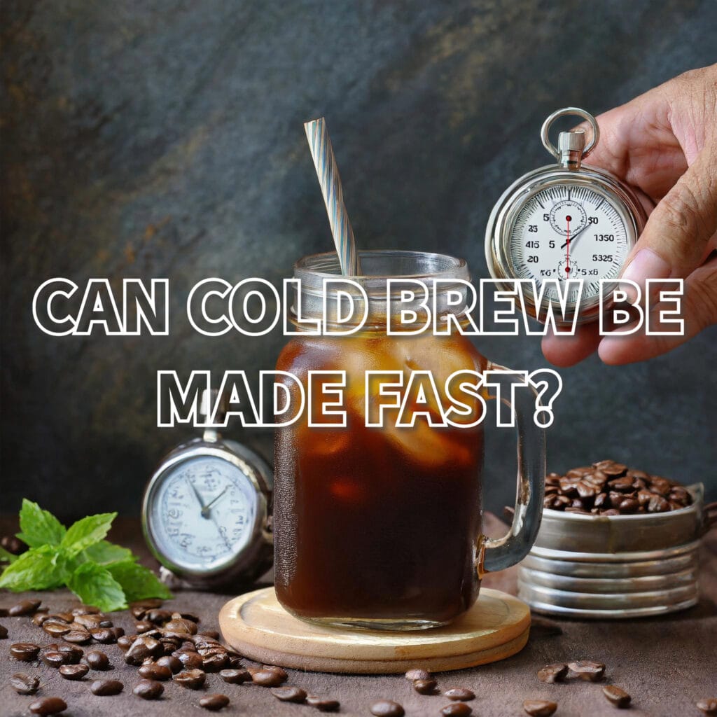 mason jar with cold brew coffee on a table with a hand holding a stopwatch